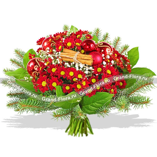 Искры праздника - букет из хризантемы, гипсофилы и новогоднего декора